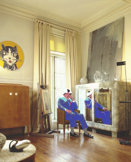 Andy Warhol in Blue Sitting in Living Room 1987